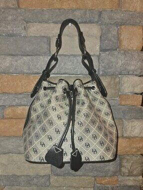 DOONEY & BOURKE Gretta Drawstring Grey Canvas Bucket Shoulder Bag Black Trim ***